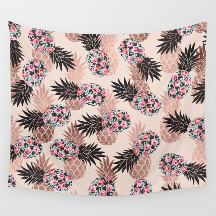 Pretty Pink Rose Gold Floral Pineapple Fruit Pattern Wall Tapestry