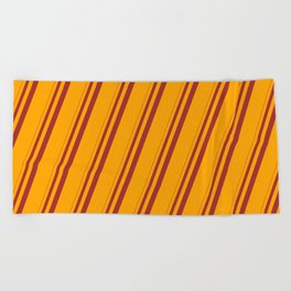 [ Thumbnail: Brown & Orange Colored Pattern of Stripes Beach Towel ]