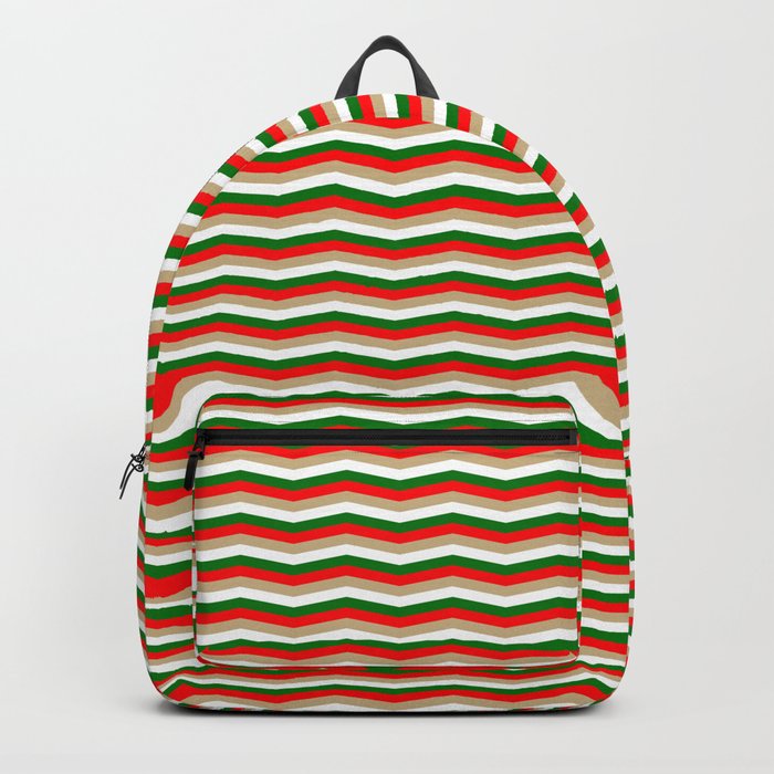 Red Green White and Gold Christmas Wavy Chevron Stripes Backpack