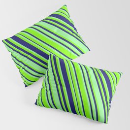 [ Thumbnail: Midnight Blue, Green & Chartreuse Colored Lined/Striped Pattern Pillow Sham ]