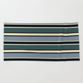 [ Thumbnail: Light Slate Gray, Beige, Dark Slate Gray, and Black Colored Stripes/Lines Pattern Beach Towel ]