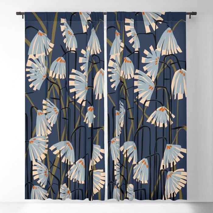 Linocut flower meadow blue Blackout Curtain