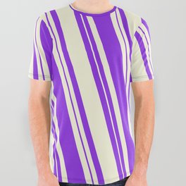 [ Thumbnail: Beige and Purple Colored Lined Pattern All Over Graphic Tee ]