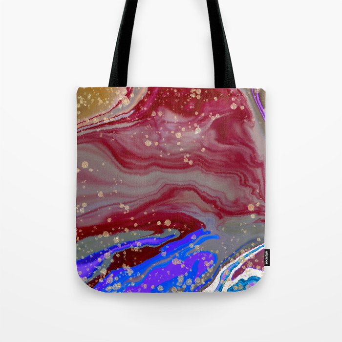 Blue and red yellow marble stone. Alcohol ink fluid abstract texture fluid art with gold glitter and liquid Tote Bag