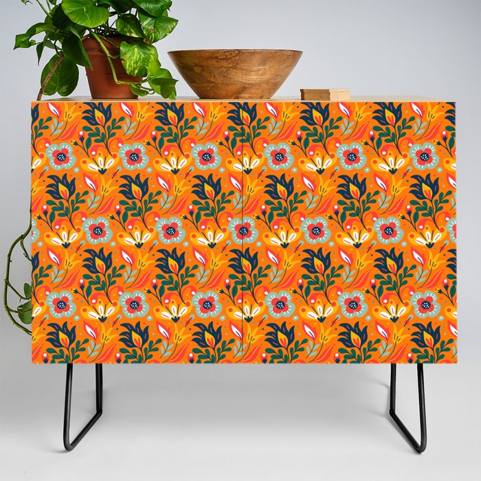 Colorful Floral Pattern On Orange Background Credenza