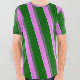 [ Thumbnail: Dim Grey, Violet, and Dark Green Colored Lines Pattern All Over Graphic Tee ]