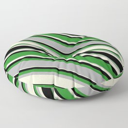[ Thumbnail: Forest Green, Dark Grey, Light Yellow, and Black Colored Pattern of Stripes Floor Pillow ]