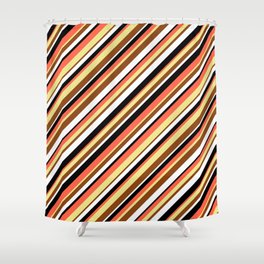 [ Thumbnail: Eyecatching Red, Tan, Brown, White & Black Colored Lined Pattern Shower Curtain ]