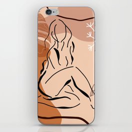 Sensual sitting woman line art, Abstract monstera leaf illustration, Organic floral background iPhone Skin