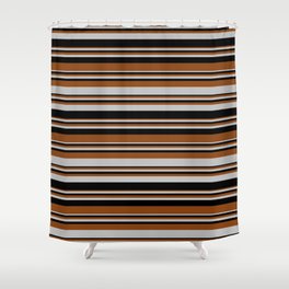 [ Thumbnail: Brown, Grey, and Black Colored Lines Pattern Shower Curtain ]