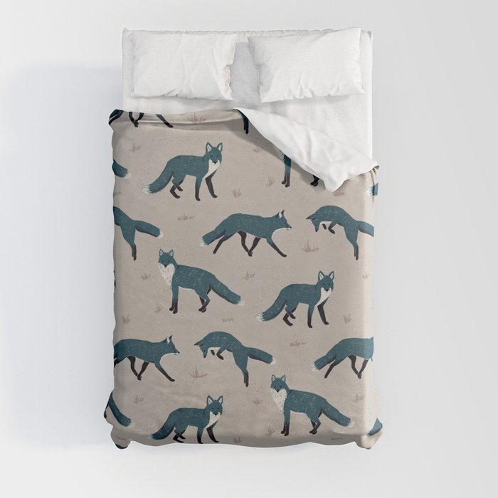 Midnight Foxes in Blue Jumping Fox Duvet Cover
