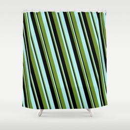 [ Thumbnail: Green, Black & Turquoise Colored Lines Pattern Shower Curtain ]