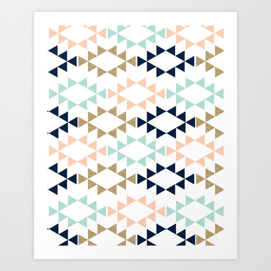 Aztec - Geometric tribal pattern in navy, gold glitter, pink, and blush Art Print