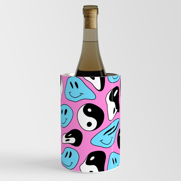 Funny melting smile happy face colorful cartoon seamless pattern Wine Chiller