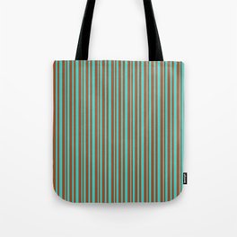 [ Thumbnail: Sienna & Turquoise Colored Striped/Lined Pattern Tote Bag ]