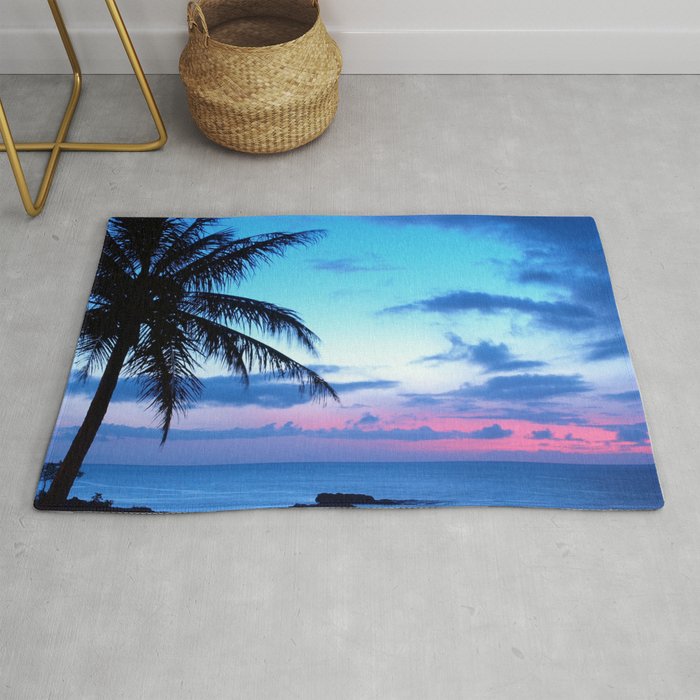 Tropical Island Beach Ocean Pink Blue Sunset Photo Rug