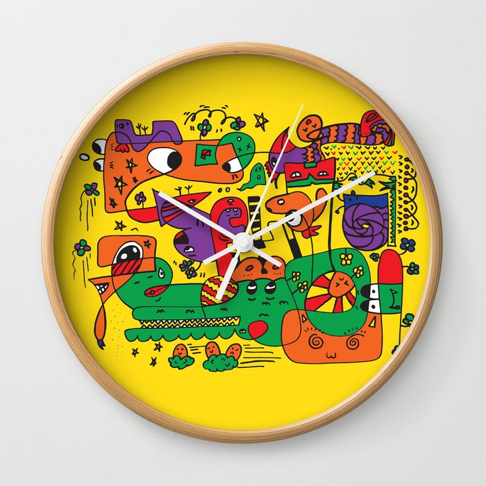 Yellow Doodle Monster World by Pablo Rodriguez (Pabzoide) Wall Clock