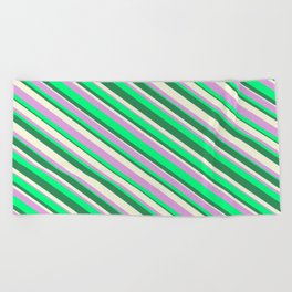 [ Thumbnail: Beige, Plum, Green, and Sea Green Colored Striped Pattern Beach Towel ]
