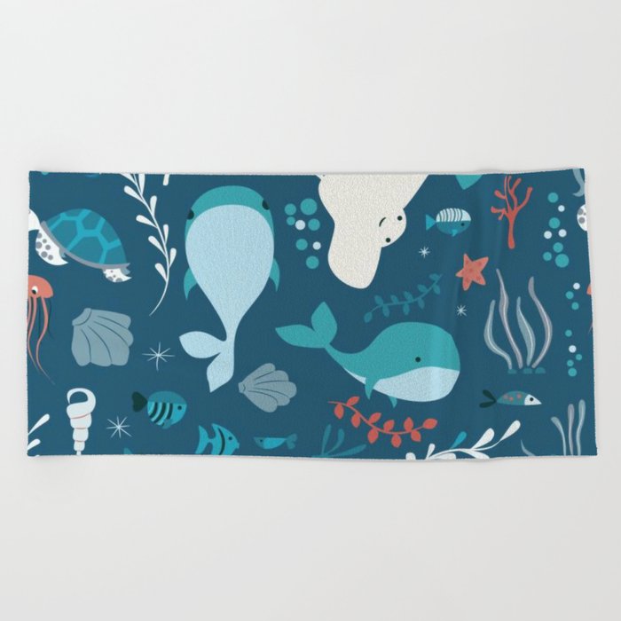 Blue Sea Animals Pattern Beach Towel
