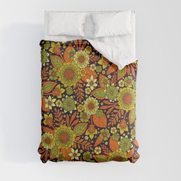 Green, Orange, Yellow & Dark Purple Floral Pattern Comforter