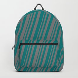 [ Thumbnail: Teal and Gray Colored Striped Pattern Backpack ]