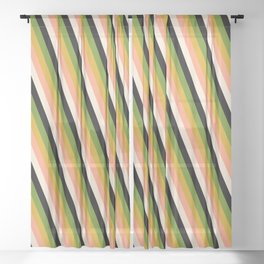 [ Thumbnail: Vibrant Light Salmon, Beige, Black, Green, and Goldenrod Colored Lines/Stripes Pattern Sheer Curtain ]