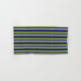 [ Thumbnail: Midnight Blue, Grey & Green Colored Lines/Stripes Pattern Hand & Bath Towel ]
