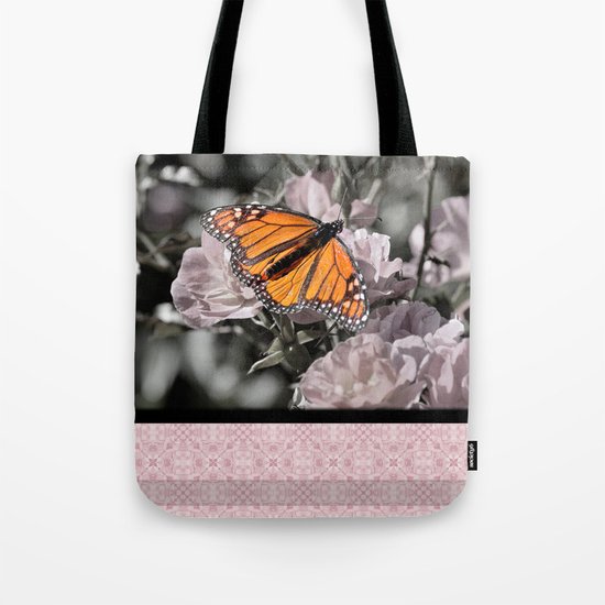 Monarch Butterfly on Pink Flowers and Gothic Tile Tote Bag