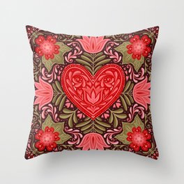 Folk Art Heart- Red Background Throw Pillow