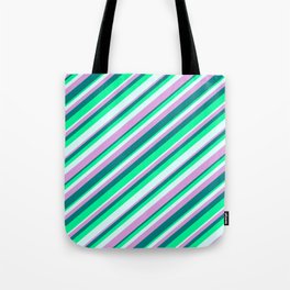 [ Thumbnail: Plum, Teal, Green & Light Cyan Colored Striped Pattern Tote Bag ]