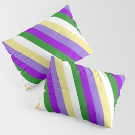 [ Thumbnail: Colorful Tan, Purple, Dark Violet, Forest Green, and White Colored Stripes/Lines Pattern Pillow Sham ]