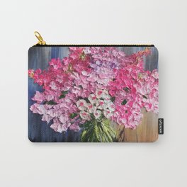 Pink Flowers Painting, Knife Oil Painting, Modern Floral Art, blue and white, Pink flowers on blue, Carry-All Pouch