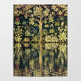 William Morris original Tree of Life reflecting pool of garden lily pond twilight black nature landscape painting wall and home decor Poster