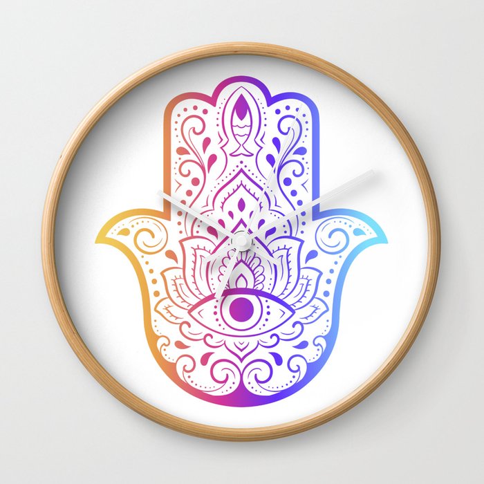 Colorful Hamsa hand drawn symbol with flower. Decorative pattern in oriental style for interior decoration and henna drawings. Wall Clock