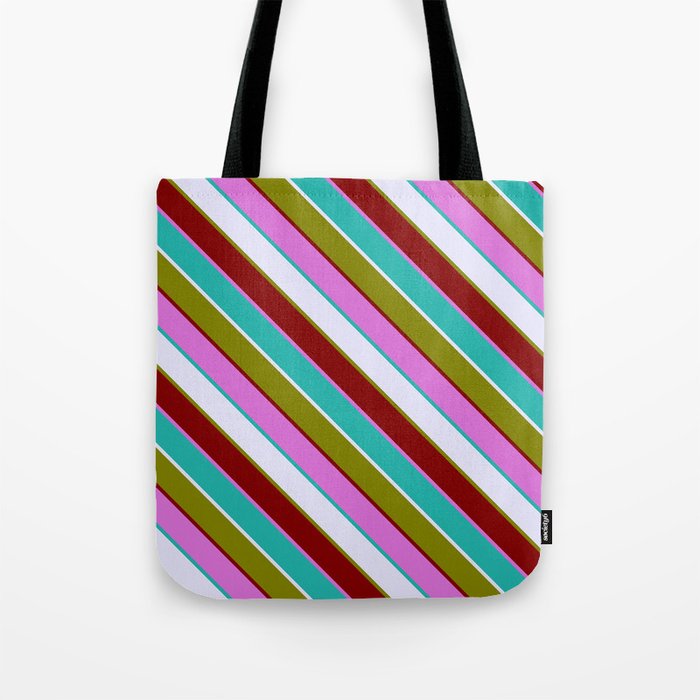 Eyecatching Lavender, Green, Maroon, Orchid & Light Sea Green Colored Pattern of Stripes Tote Bag
