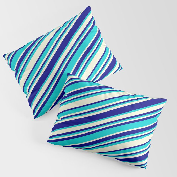 Beige, Blue & Dark Turquoise Colored Striped/Lined Pattern Pillow Sham