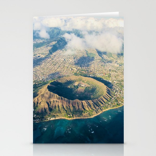 Diamond Head crater volcano; Island of Oahu, Waikiki, Hawaii aerial coastal color Pacific Ocean landscape photograph / photography Stationery Cards