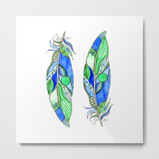 Bohemian Spirit Feathers - Blue & Green Metal Print