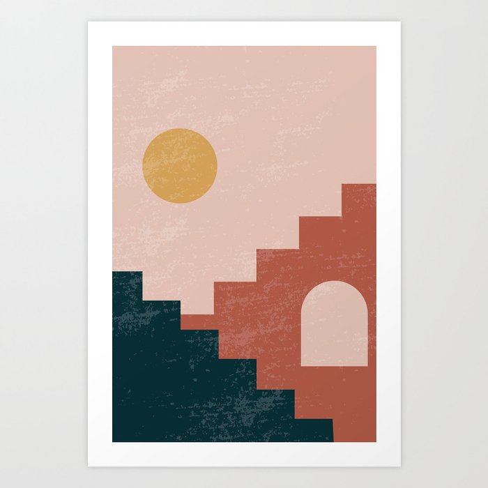 Southwestern Rustic Scene Illustration - Desert Sun Adobe Houses Art Print