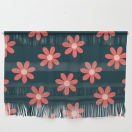 Mid Century Abstract Minimal Floral Pattern- Chinese Orange and Dark Sea Green Wall Hanging