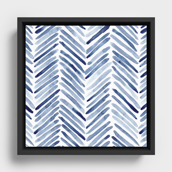Indigo herringbone - watercolor blue chevron Framed Canvas