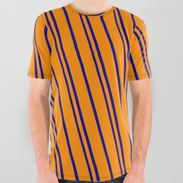 [ Thumbnail: Dark Orange & Dark Blue Colored Pattern of Stripes All Over Graphic Tee ]
