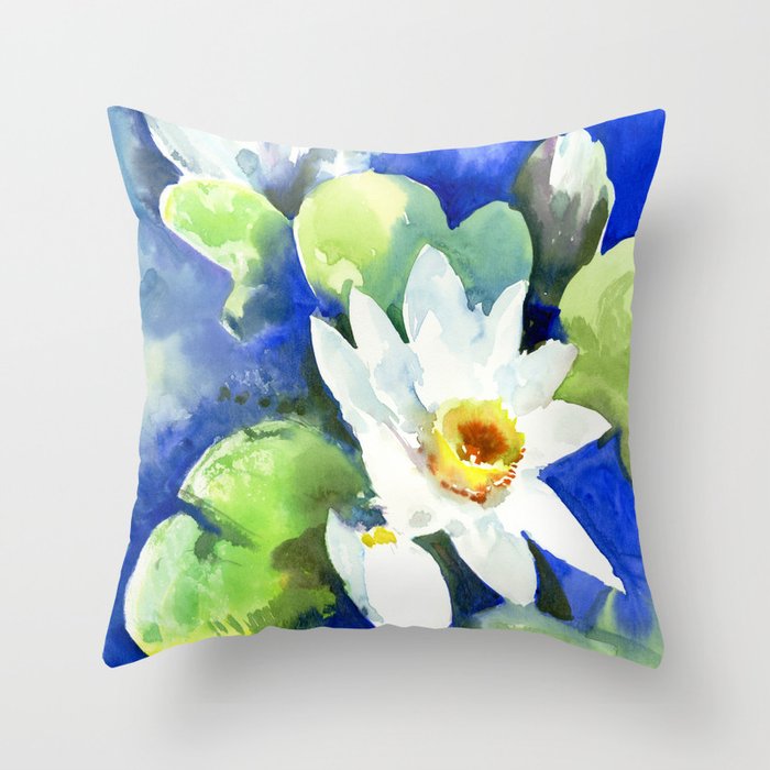 White water Lily flowers, Lotus flowers, White Blue Throw Pillow