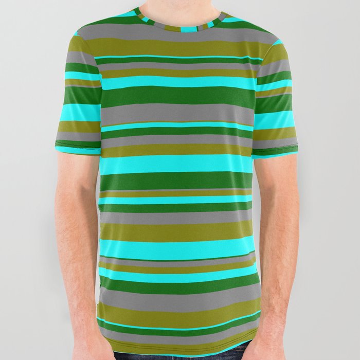 Grey, Green, Aqua & Dark Green Colored Stripes/Lines Pattern All Over Graphic Tee