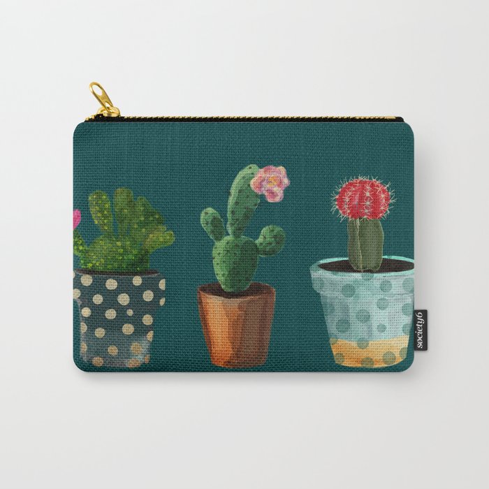 Three Cacti With Flowers On Green Background Carry-All Pouch