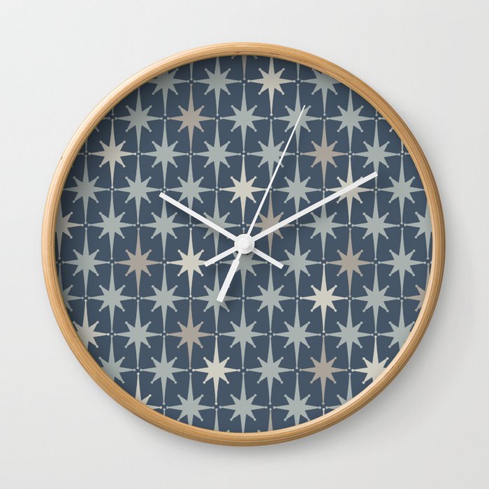 Midcentury Modern Atomic Starburst Pattern in Neutral Blue Gray Tones Wall Clock
