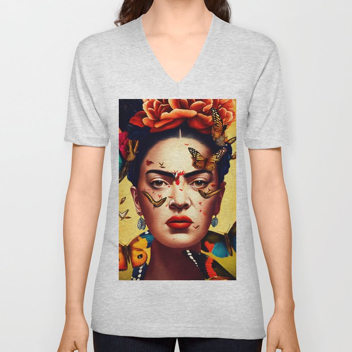 Frida surrounded by butterflies V Neck T Shirt