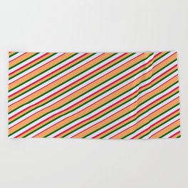 [ Thumbnail: Brown, Dark Green, Lavender, and Crimson Colored Stripes/Lines Pattern Beach Towel ]