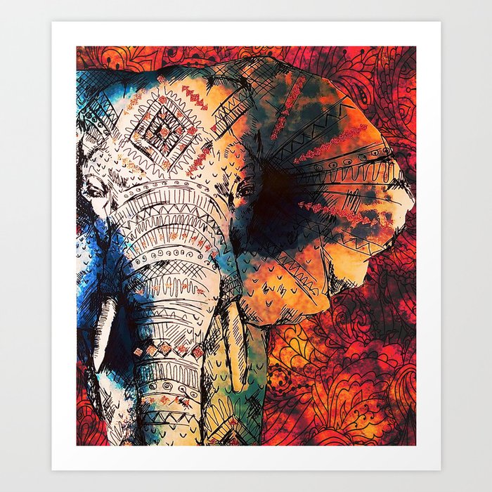 Indian Sketched Elephant Red Orange Asian Bohemian Hippie