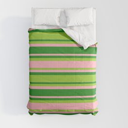 [ Thumbnail: Forest Green, Green, and Light Pink Colored Lined Pattern Comforter ]